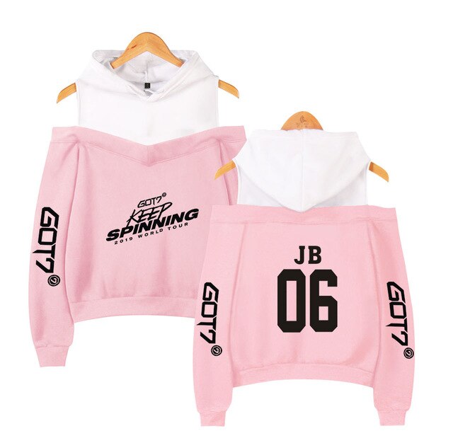 Kpop GOT7 Design Women Hoodies Hoody Keep Spinning Perform Sweatshirt Strapless Girl K-Pop Streetwear White Patchwork Clothing
