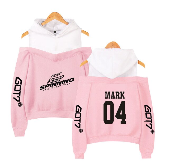 Kpop GOT7 Design Women Hoodies Hoody Keep Spinning Perform Sweatshirt Strapless Girl K-Pop Streetwear White Patchwork Clothing