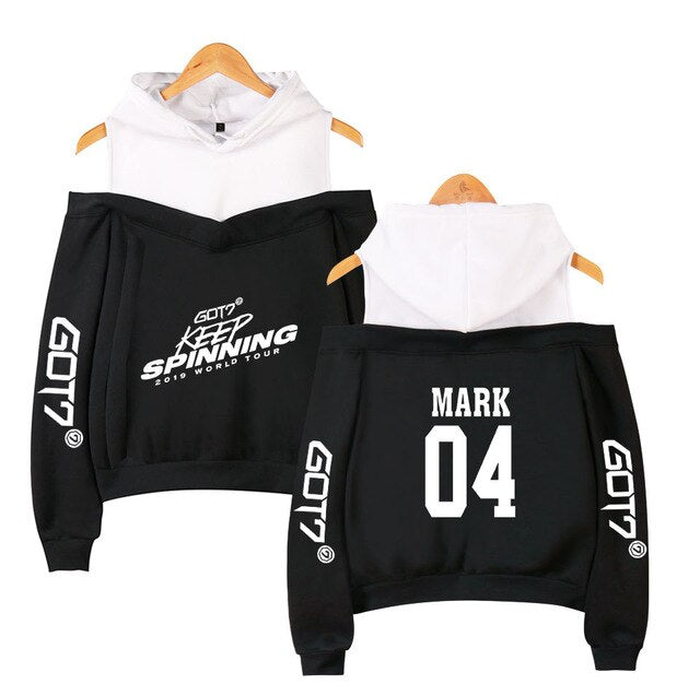 Kpop GOT7 Design Women Hoodies Hoody Keep Spinning Perform Sweatshirt Strapless Girl K-Pop Streetwear White Patchwork Clothing