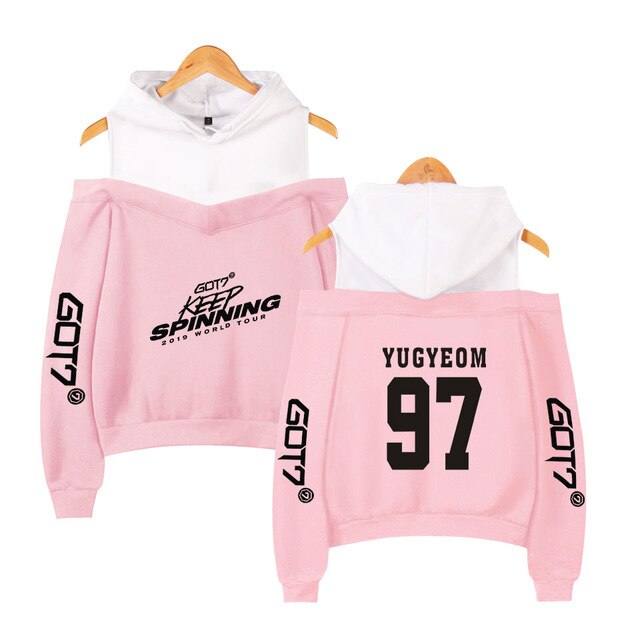 Kpop GOT7 Design Women Hoodies Hoody Keep Spinning Perform Sweatshirt Strapless Girl K-Pop Streetwear White Patchwork Clothing