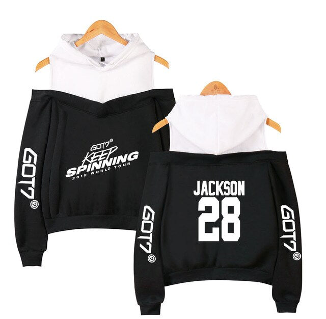 Kpop GOT7 Design Women Hoodies Hoody Keep Spinning Perform Sweatshirt Strapless Girl K-Pop Streetwear White Patchwork Clothing