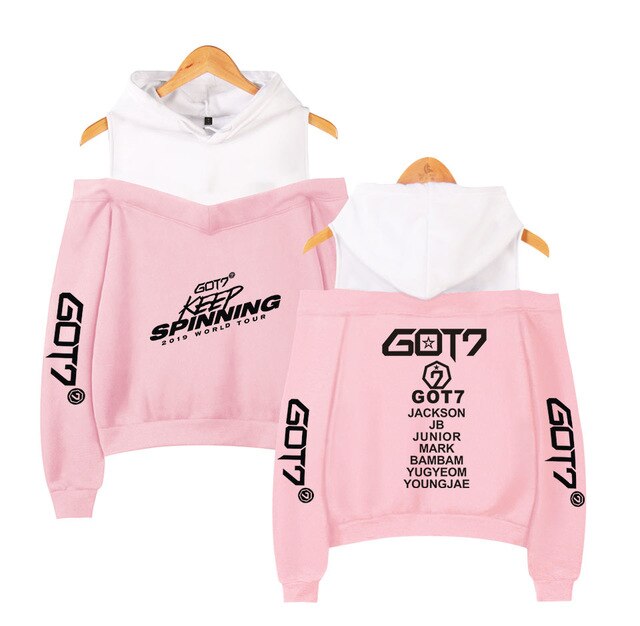 Kpop GOT7 Design Women Hoodies Hoody Keep Spinning Perform Sweatshirt Strapless Girl K-Pop Streetwear White Patchwork Clothing