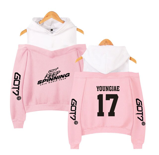 Kpop GOT7 Design Women Hoodies Hoody Keep Spinning Perform Sweatshirt Strapless Girl K-Pop Streetwear White Patchwork Clothing