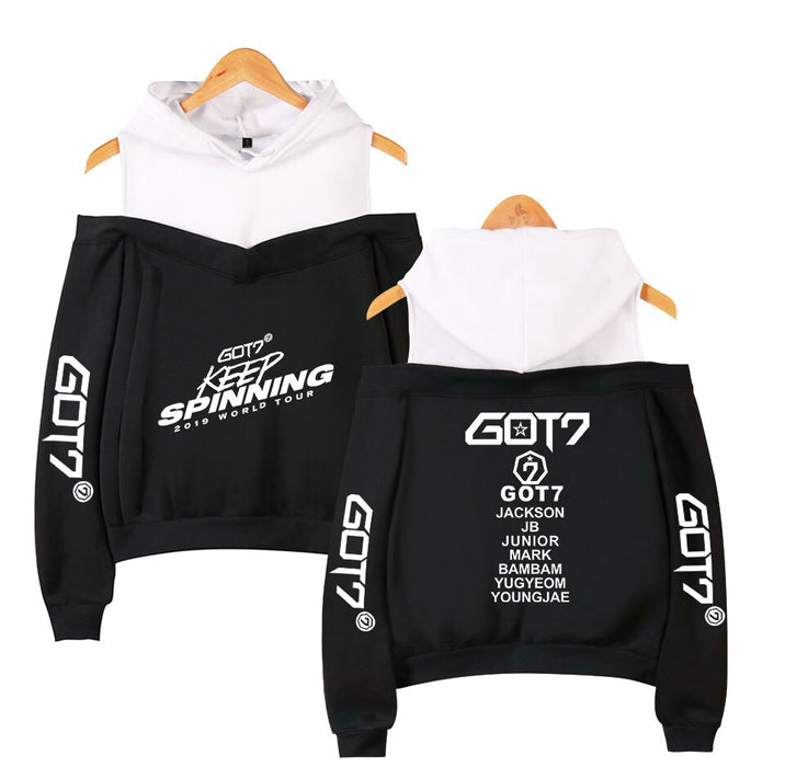 Kpop GOT7 Design Women Hoodies Hoody Keep Spinning Perform Sweatshirt Strapless Girl K-Pop Streetwear White Patchwork Clothing