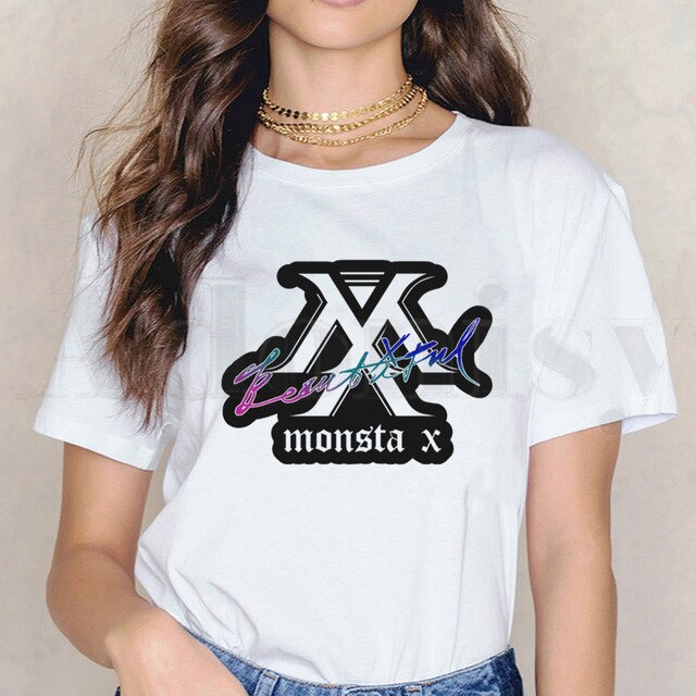 Monsta X K-pop T-shirt Casual White Tops T Shirt Women New Summer T-Shirt