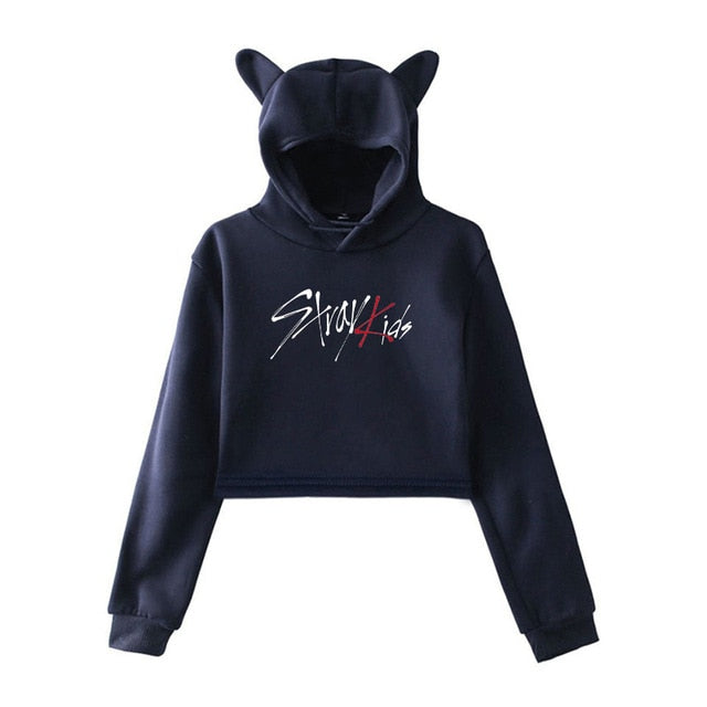 Kpop Stray Kids Cropped Hoodies Newest Fashion Cat Ear Hoodies Winter Long Sleeve Casual Pullover Straykids Hipster Coat Girls