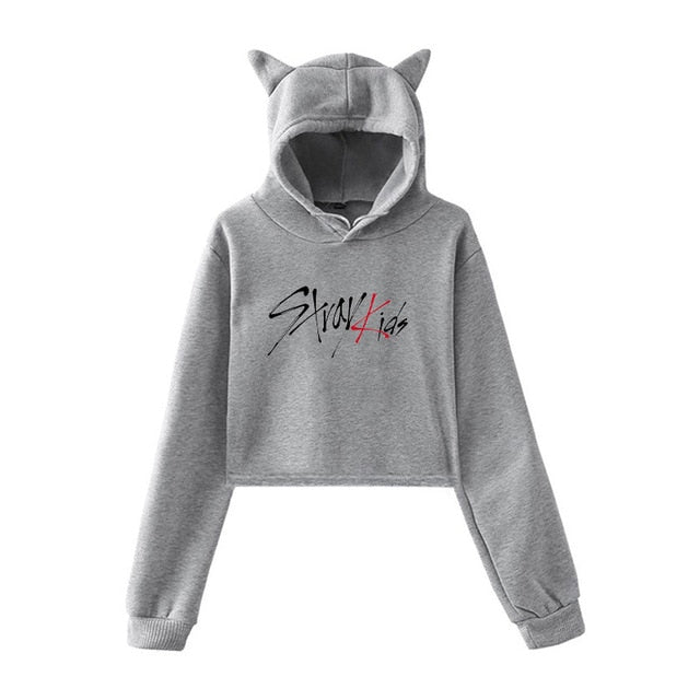 Kpop Stray Kids Cropped Hoodies Newest Fashion Cat Ear Hoodies Winter Long Sleeve Casual Pullover Straykids Hipster Coat Girls