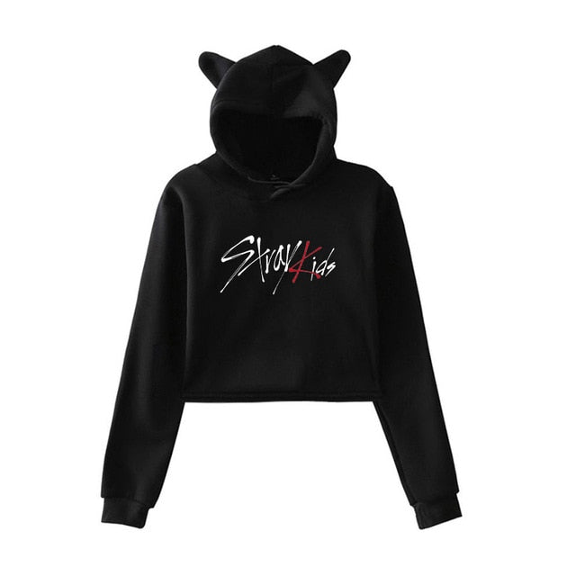 Kpop Stray Kids Cropped Hoodies Newest Fashion Cat Ear Hoodies Winter Long Sleeve Casual Pullover Straykids Hipster Coat Girls