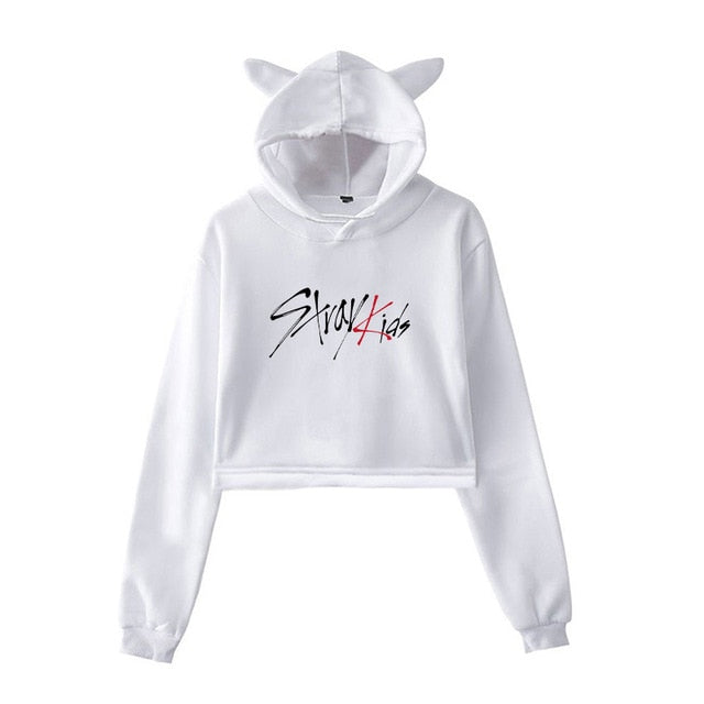Kpop Stray Kids Cropped Hoodies Newest Fashion Cat Ear Hoodies Winter Long Sleeve Casual Pullover Straykids Hipster Coat Girls