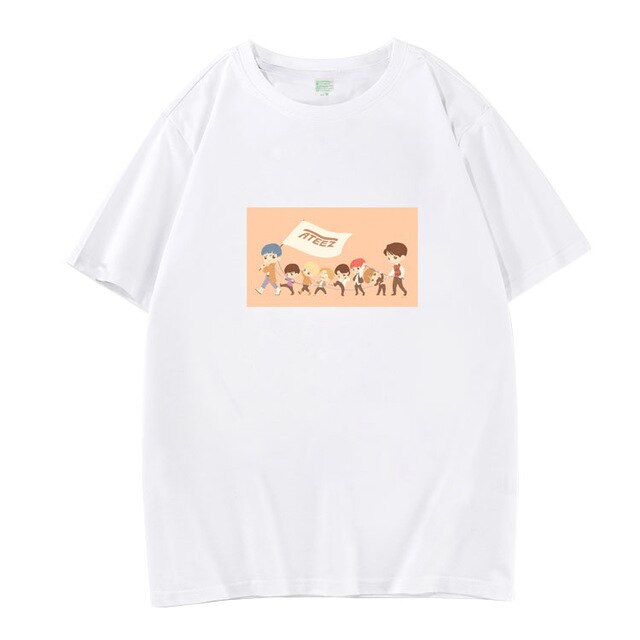 Kpop ateez all member cartoon images printing o neck short sleeve t shirt for summer unisex
