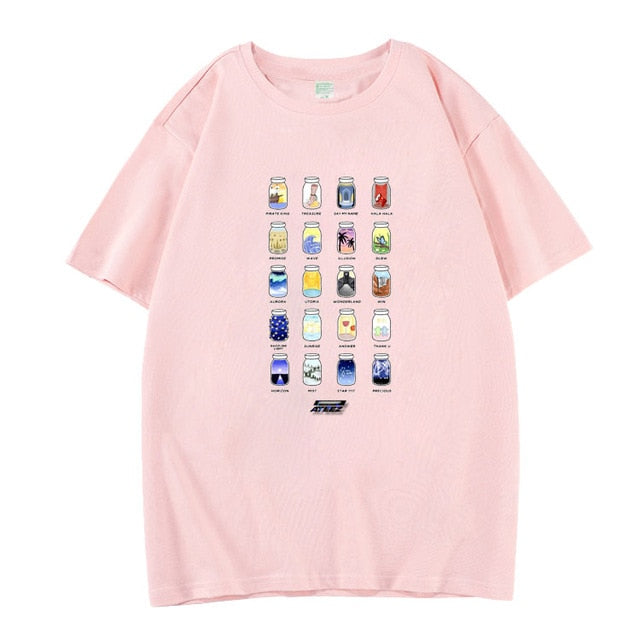 Kpop ateez all member cartoon images printing o neck short sleeve t shirt for summer unisex
