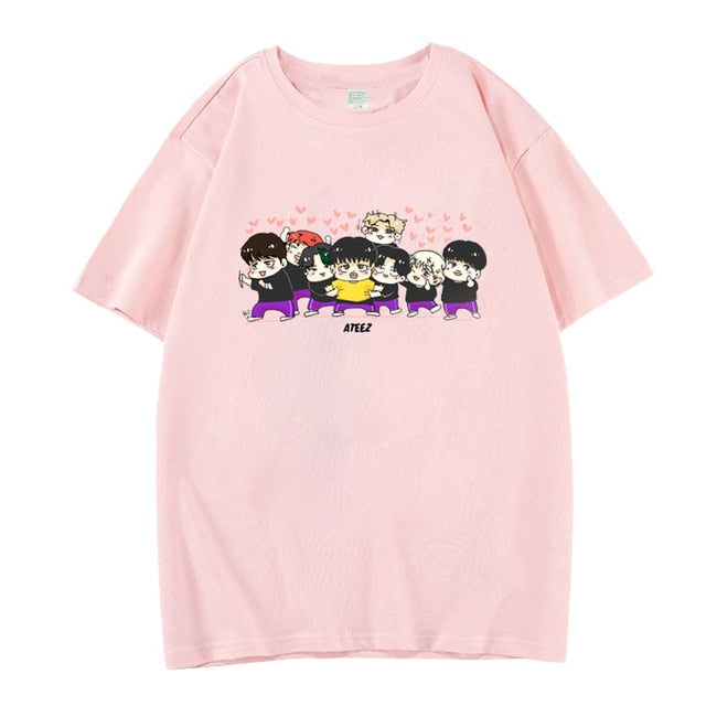 Kpop ateez all member cartoon images printing o neck short sleeve t shirt for summer unisex