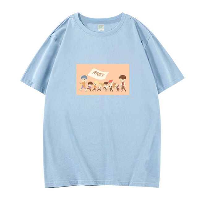 Kpop ateez all member cartoon images printing o neck short sleeve t shirt for summer unisex