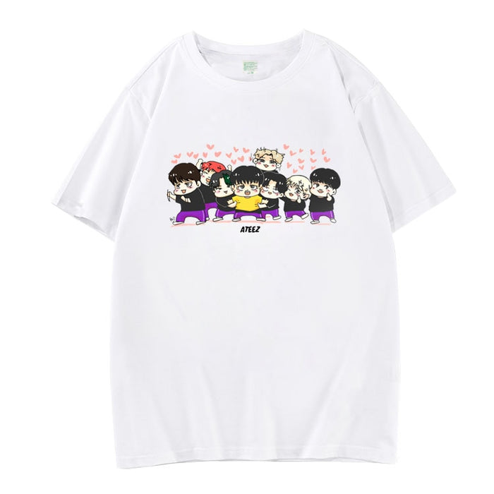 Kpop ateez all member cartoon images printing o neck short sleeve t shirt for summer unisex