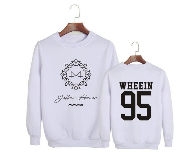 Kpop mamamoo album yellow flower cover and member name printing o neck sweatshirt men women loose pullover hoodies