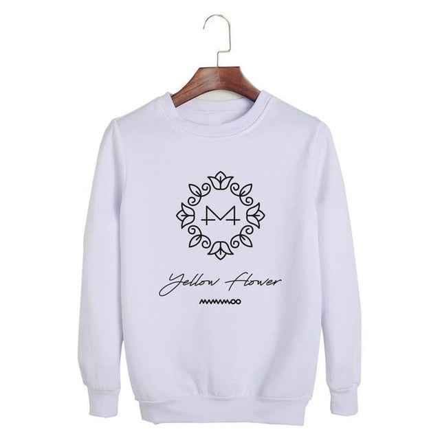 Kpop mamamoo album yellow flower cover and member name printing o neck sweatshirt men women loose pullover hoodies