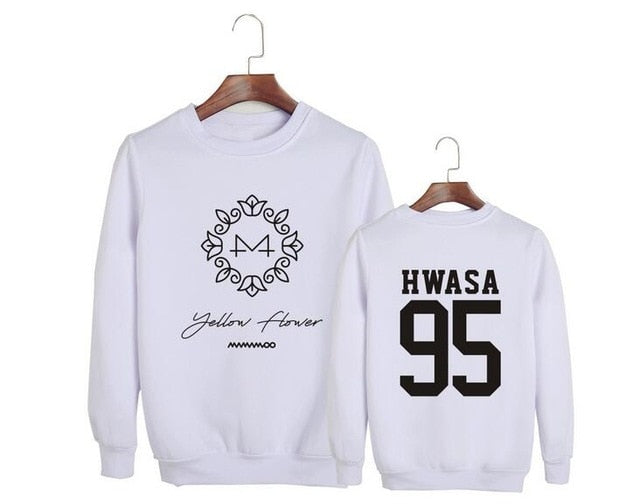 Kpop mamamoo album yellow flower cover and member name printing o neck sweatshirt men women loose pullover hoodies