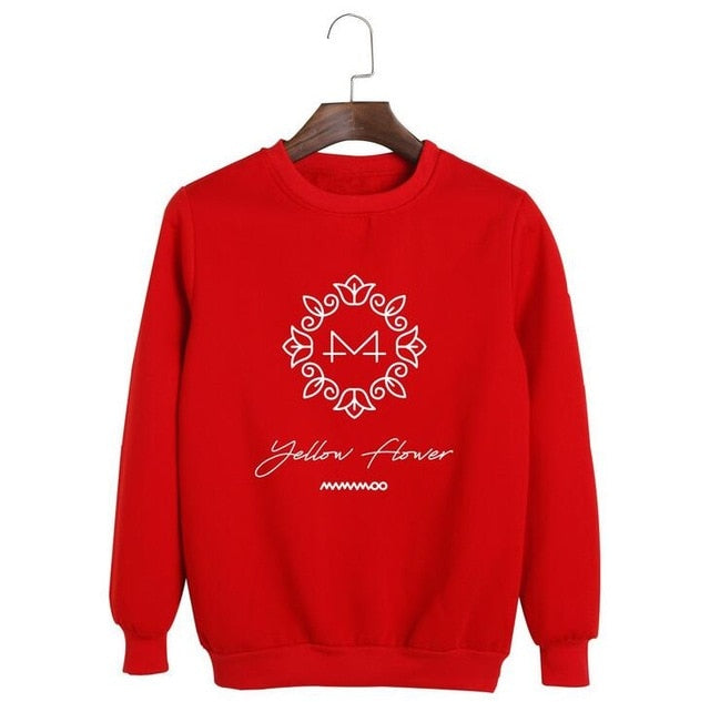 Kpop mamamoo album yellow flower cover and member name printing o neck sweatshirt men women loose pullover hoodies