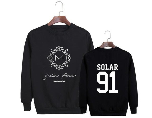 Kpop mamamoo album yellow flower cover and member name printing o neck sweatshirt men women loose pullover hoodies