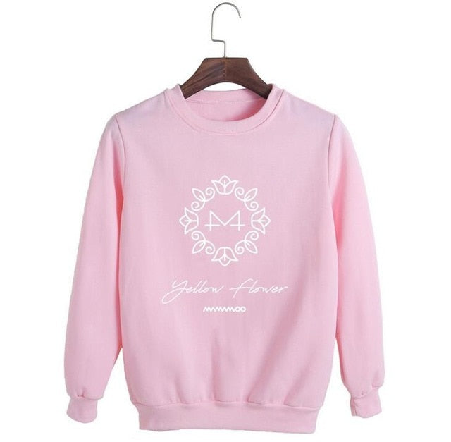 Kpop mamamoo album yellow flower cover and member name printing o neck sweatshirt men women loose pullover hoodies