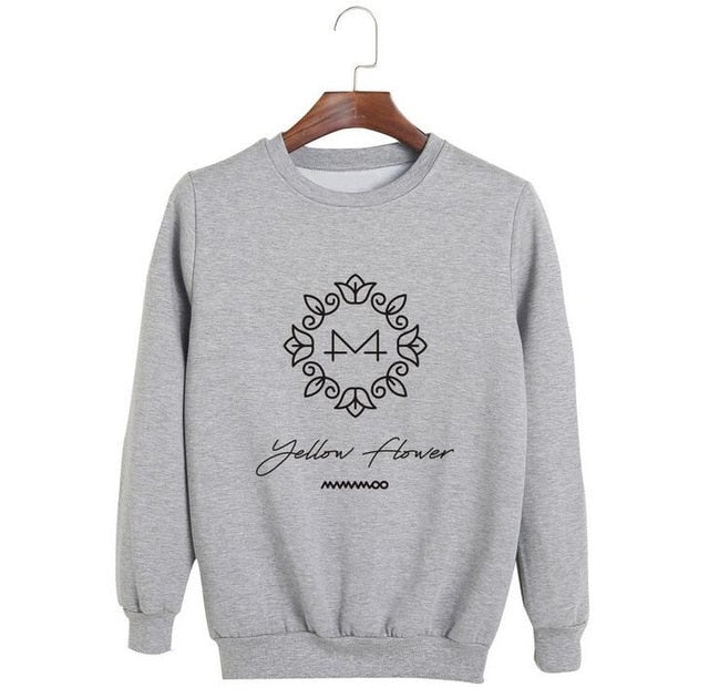 Kpop mamamoo album yellow flower cover and member name printing o neck sweatshirt men women loose pullover hoodies