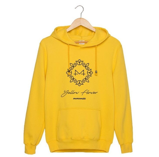 Kpop mamamoo yellow flower cover and member name printing pullover hoodie for fans unisex fleece loose sweatshirt autumn winter