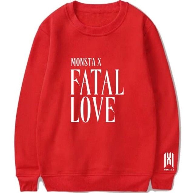 Kpop monsta x new album fatal love same printing o neck pullover hoodies unisex fashion fleece loose sweatshirt