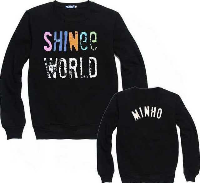 Kpop shinee concert shinee world colorful letter print black hoodies member name print o neck pullover sweatshirt