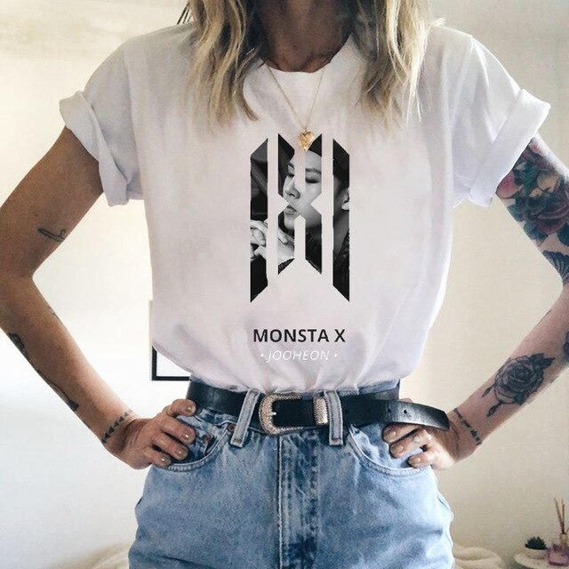 MONSTA X Print Girls Women Tshirt Idol Harajuku Fashion Streetwear Hip Hop White T-shirt Summer Short Sleeve O Neck Tees Female