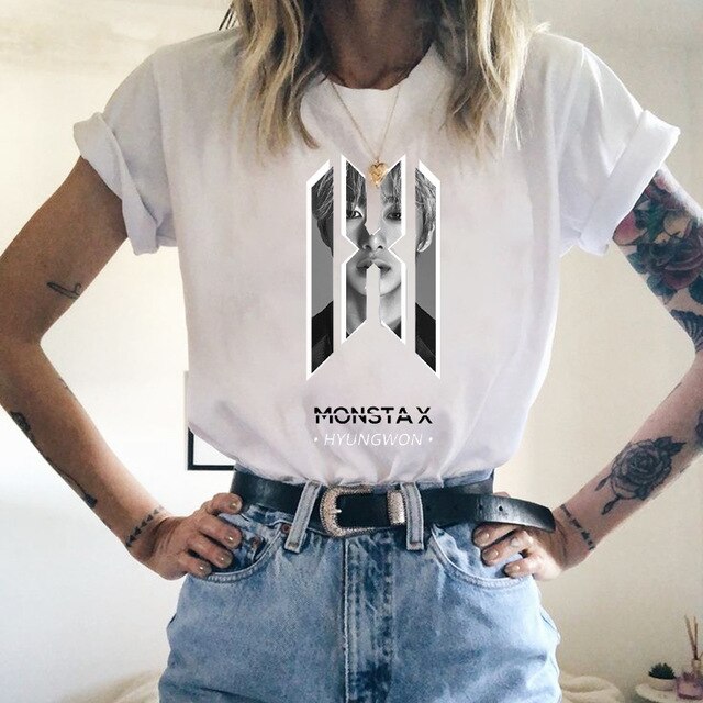 MONSTA X Print Girls Women Tshirt Idol Harajuku Fashion Streetwear Hip Hop White T-shirt Summer Short Sleeve O Neck Tees Female