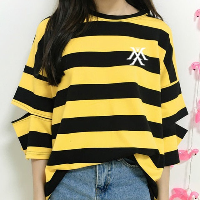 Monsta x logo printing stripes t shirt for kpop fans  hollow out sleeve o neck t-shirt for summer one size
