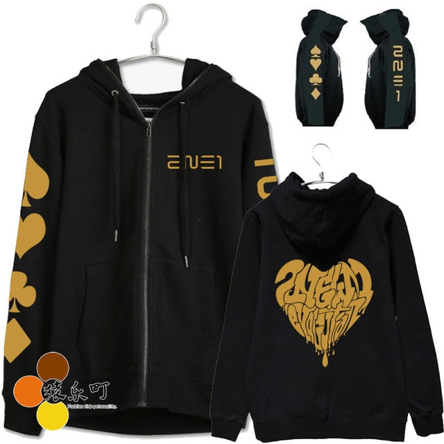 New arrival 2ne1 cl dara same zipper jacket fashion 2ne1 black jack printing hoodie jackets