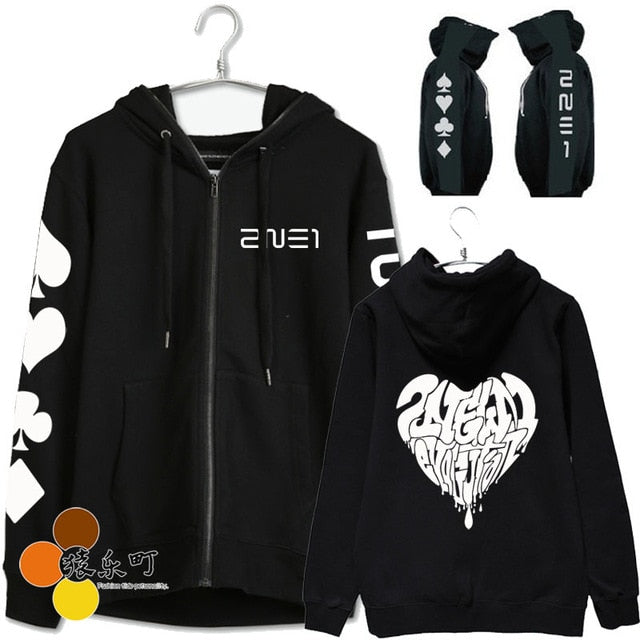 New arrival 2ne1 cl dara same zipper jacket fashion 2ne1 black jack printing hoodie jackets