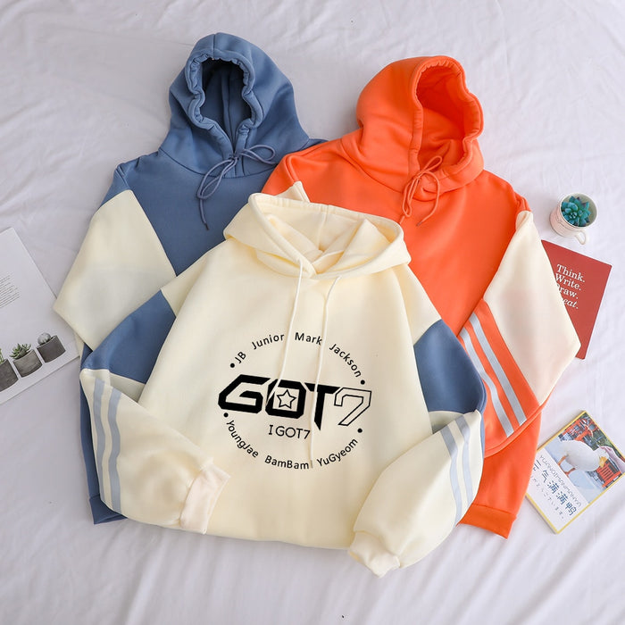 Popular Kpop Hoodies Women Got7 Printing Casual Hooded Sweatshirts Female Cotton Hit Color Streetwear Thicken Clothin