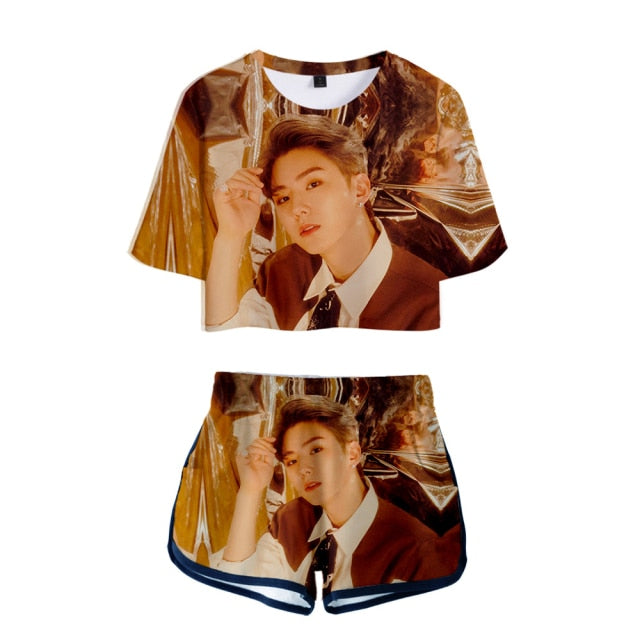 Popular Kpop MONSTA X Tracksuit Women Tracksuit Two Piece Set Crop Tops+shorts Girls Sexy clothes cool Summer Short sets Album