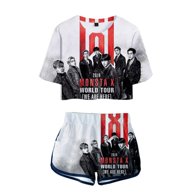 Popular Kpop MONSTA X Tracksuit Women Tracksuit Two Piece Set Crop Tops+shorts Girls Sexy clothes cool Summer Short sets Album