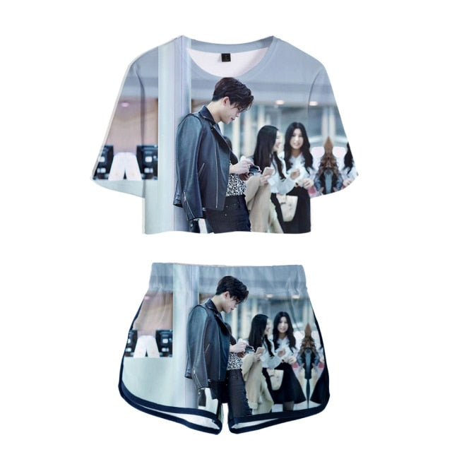 Popular Kpop MONSTA X Tracksuit Women Tracksuit Two Piece Set Crop Tops+shorts Girls Sexy clothes cool Summer Short sets Album