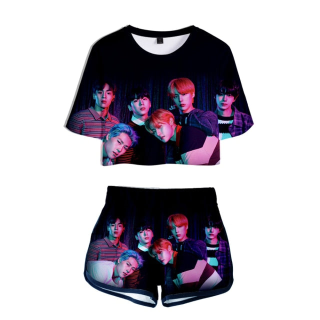 Popular Kpop MONSTA X Tracksuit Women Tracksuit Two Piece Set Crop Tops+shorts Girls Sexy clothes cool Summer Short sets Album