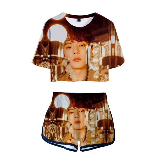 Popular Kpop MONSTA X Tracksuit Women Tracksuit Two Piece Set Crop Tops+shorts Girls Sexy clothes cool Summer Short sets Album