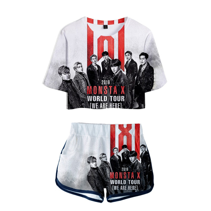 Popular Kpop MONSTA X Tracksuit Women Tracksuit Two Piece Set Crop Tops+shorts Girls Sexy clothes cool Summer Short sets Album