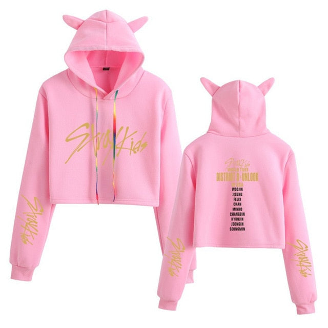 Stray Kids  Women Casual Stray Kids Letter Printed Hoodie Crop Top Winter Cat Ear Hooded Pullover