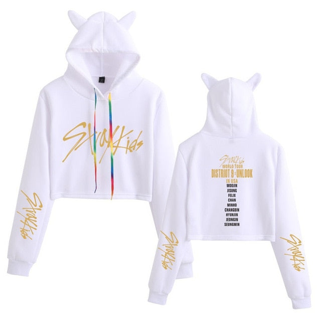 Stray Kids  Women Casual Stray Kids Letter Printed Hoodie Crop Top Winter Cat Ear Hooded Pullover