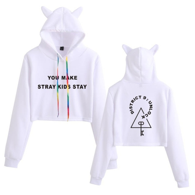 Stray Kids  Women Casual Stray Kids Letter Printed Hoodie Crop Top Winter Cat Ear Hooded Pullover