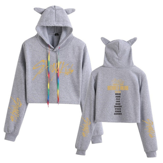 Stray Kids  Women Casual Stray Kids Letter Printed Hoodie Crop Top Winter Cat Ear Hooded Pullover