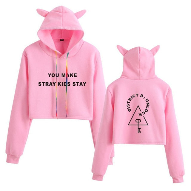 Stray Kids  Women Casual Stray Kids Letter Printed Hoodie Crop Top Winter Cat Ear Hooded Pullover