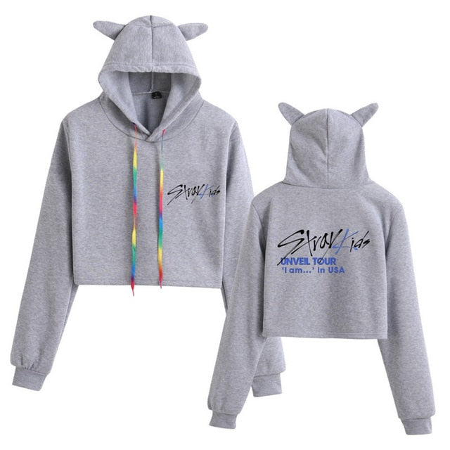 Stray Kids  Women Casual Stray Kids Letter Printed Hoodie Crop Top Winter Cat Ear Hooded Pullover