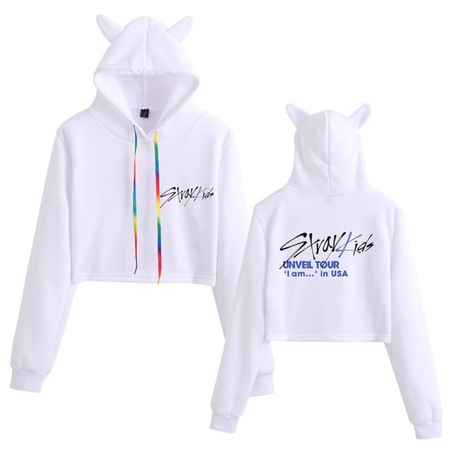 Stray Kids  Women Casual Stray Kids Letter Printed Hoodie Crop Top Winter Cat Ear Hooded Pullover