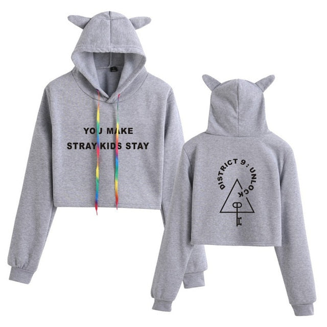 Stray Kids  Women Casual Stray Kids Letter Printed Hoodie Crop Top Winter Cat Ear Hooded Pullover