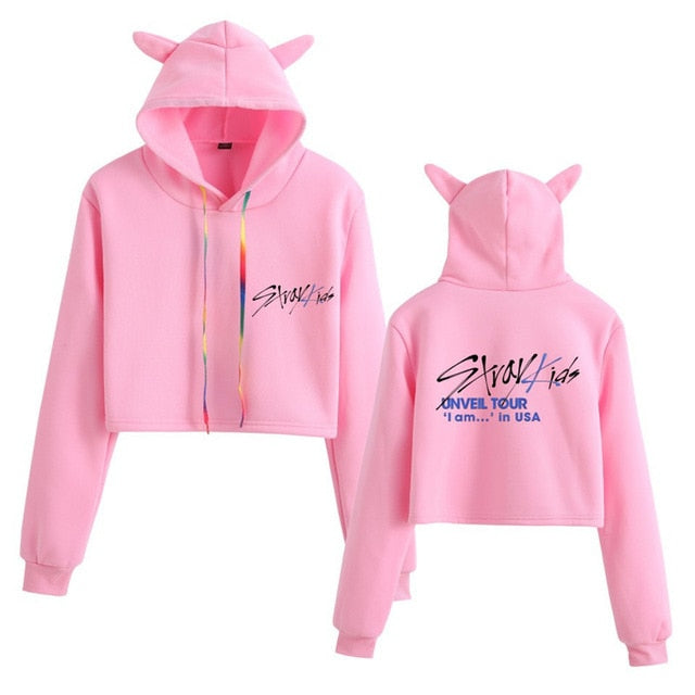 Stray Kids  Women Casual Stray Kids Letter Printed Hoodie Crop Top Winter Cat Ear Hooded Pullover