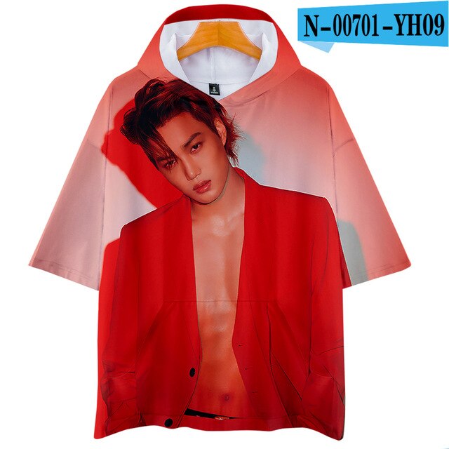 EXO Love Shot 3D Short Sleeve Hooded T-shirts Women Men Fashion Loose Tshirts Hip Hop Tops